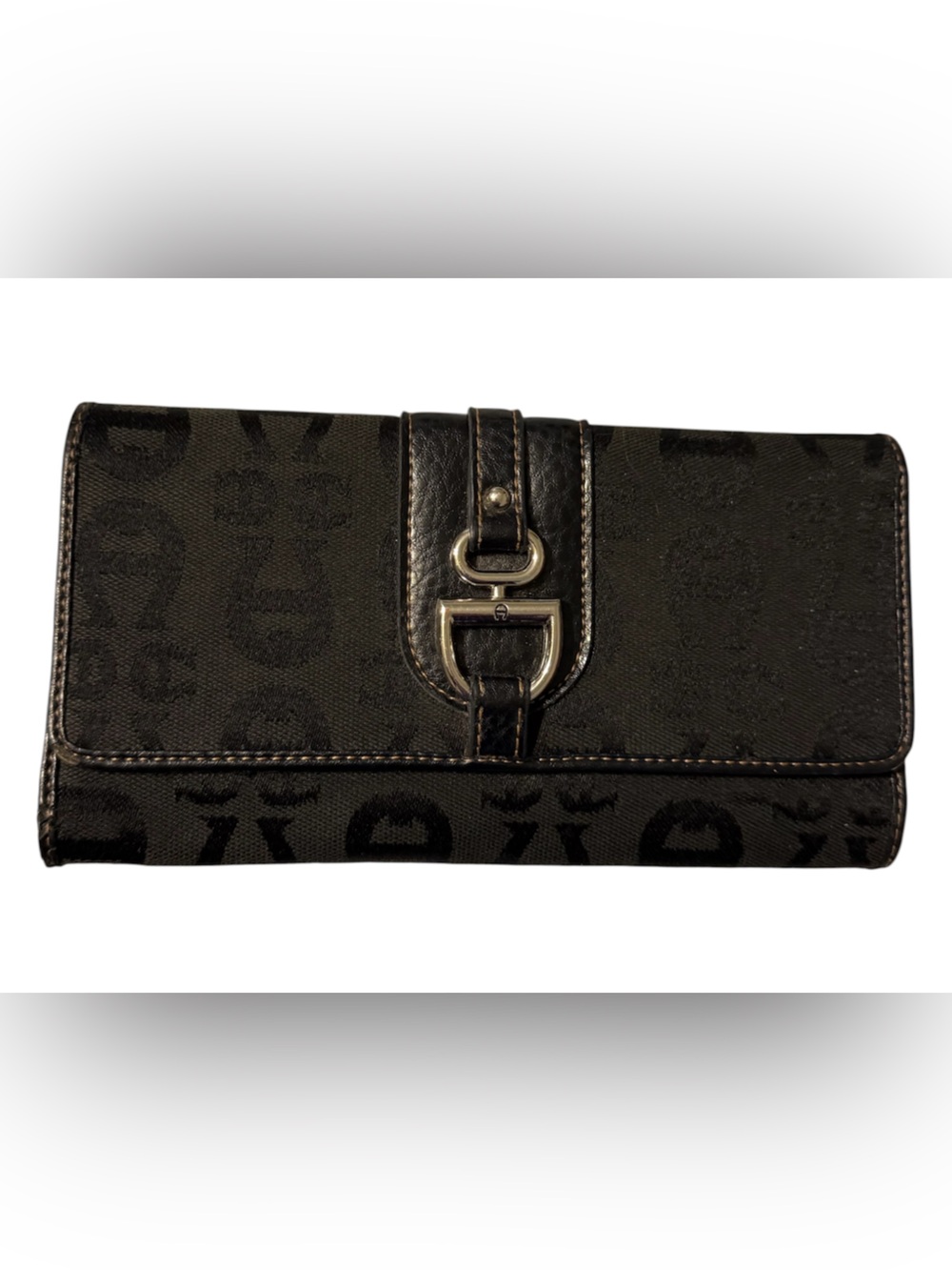 Etienne Aigner Black Signature Monogram Trifold Checkbook Organizer Wallet